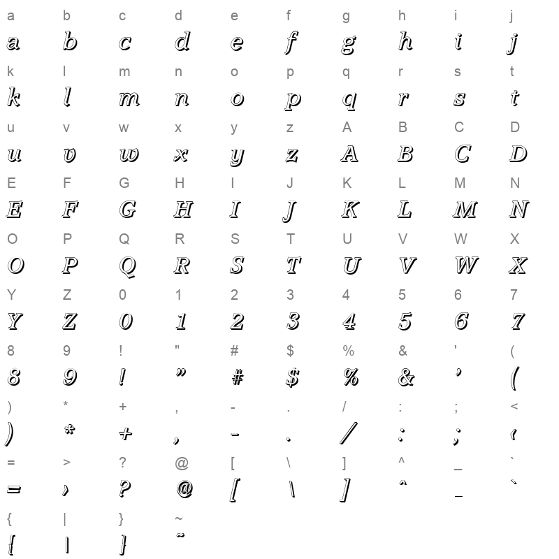 accolade shadow italic Character Map