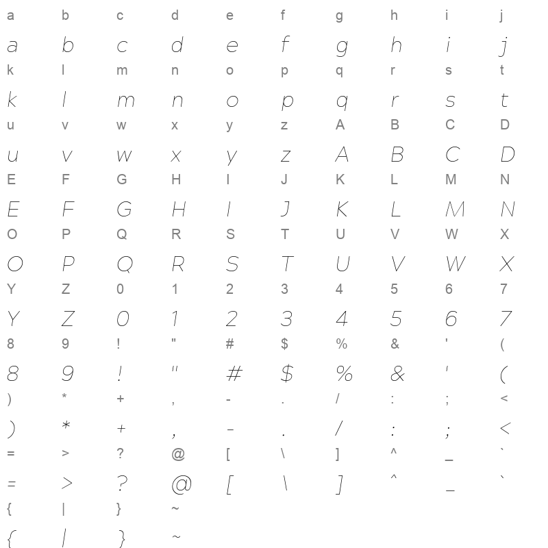 acherus grotesque thin italic Character Map