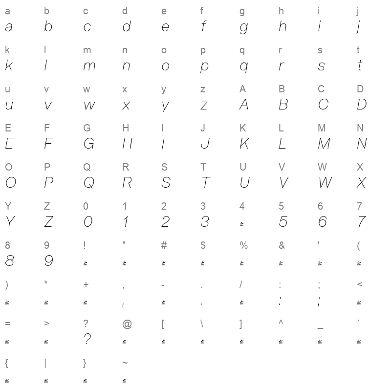 acronym ultralight italic Character Map