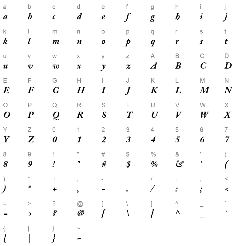 adobe caslon pro bold italic Character Map