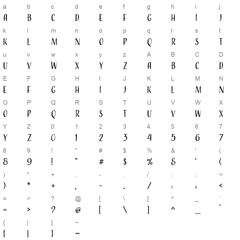 adorn condensed sans Character Map