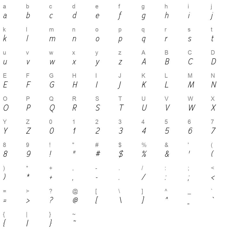 adrianna condensed light italic Character Map