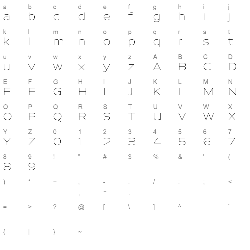 aero extra light demo Character Map