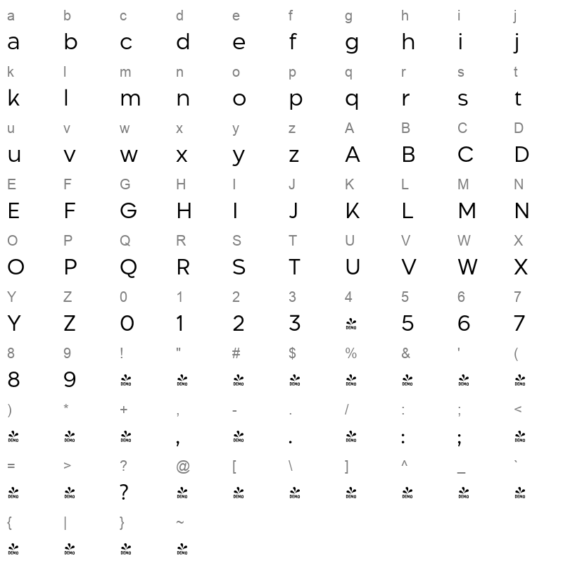 aftika light demo Character Map
