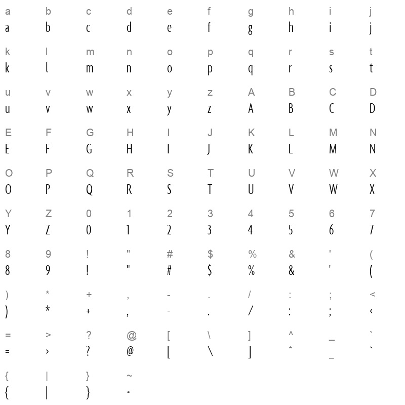 agenda light extra condensed Character Map