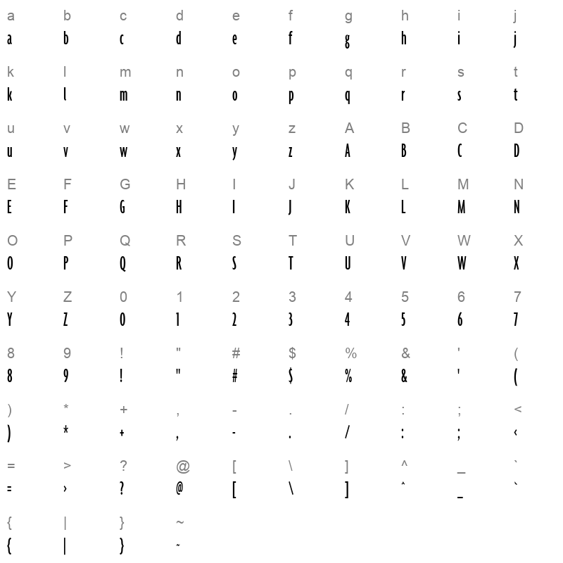 agenda medium ultra condensed Character Map