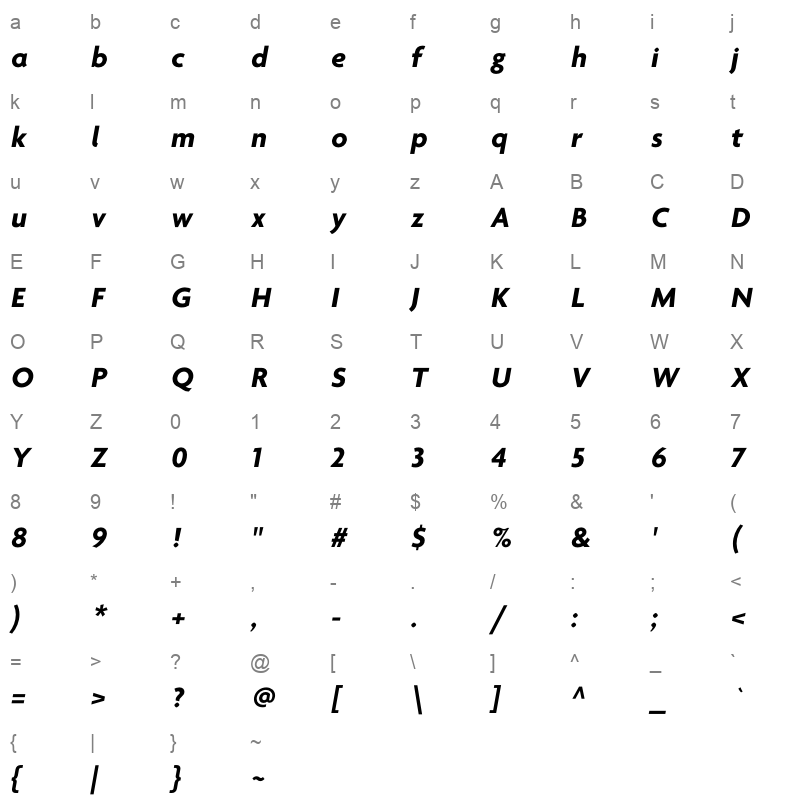 agenda one bold italic Character Map