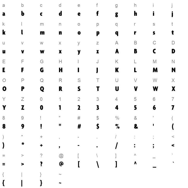 agenda one condensed black Character Map