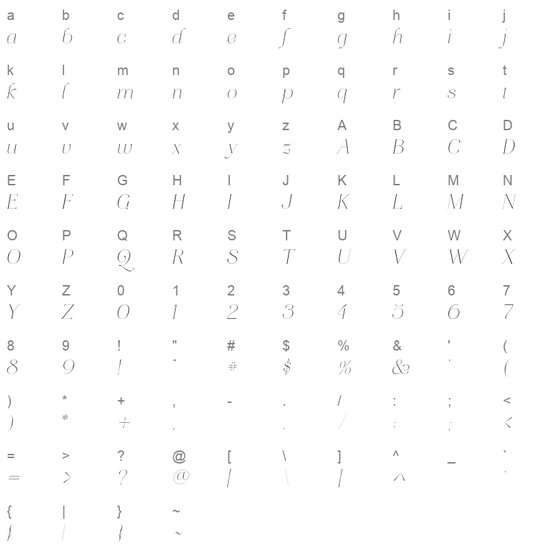 aire light italic Character Map