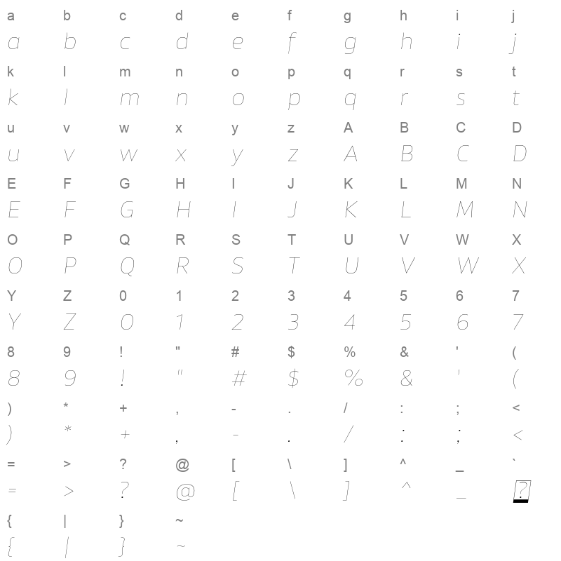 akwe pro ext hairline italic Character Map