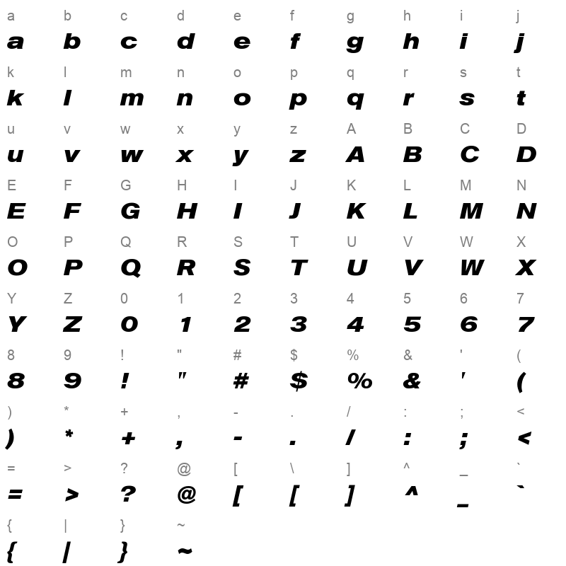 akzidenz grotesk bq bold extended italic Character Map