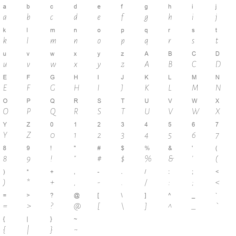 alegreya sans thinitalic Character Map