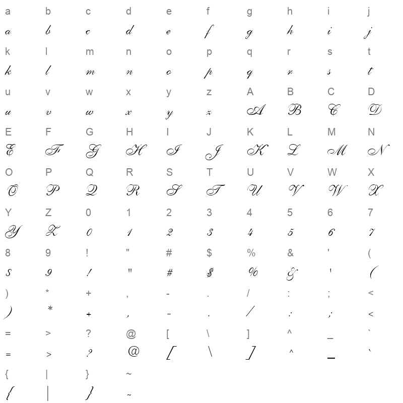 allegretto script one Character Map