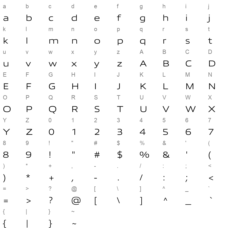 allumi std extended light Character Map