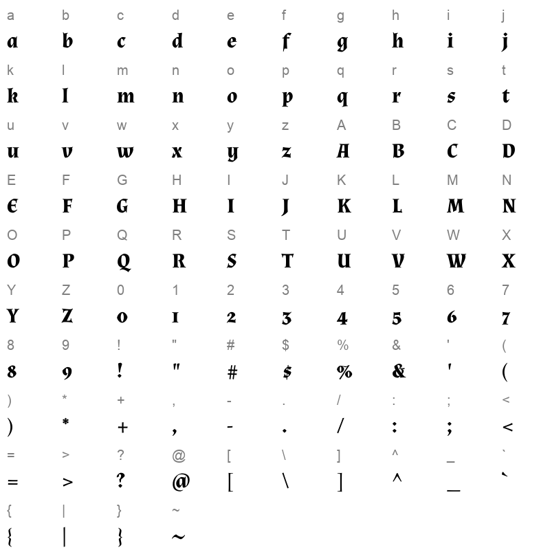 almendra bold Character Map