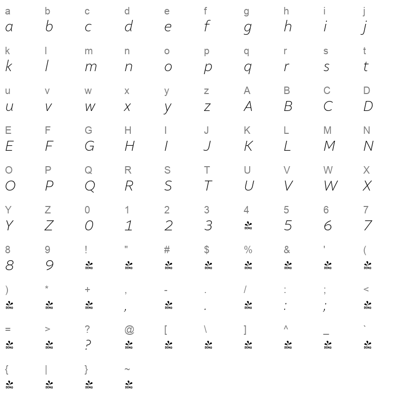 altivo extra light italic Character Map