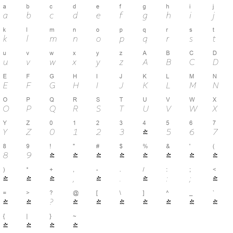 altivo thin italic Character Map