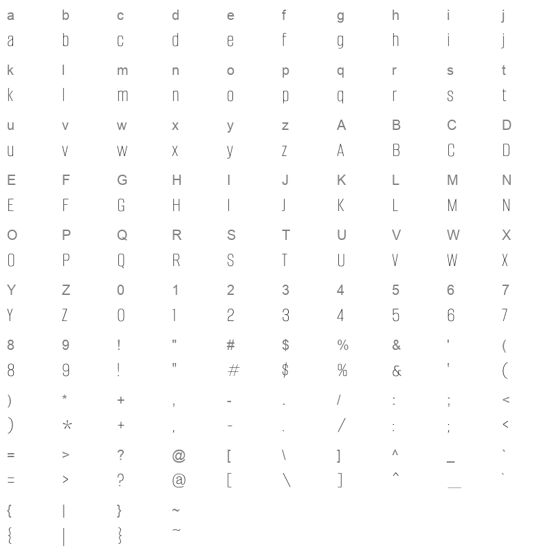 alumni sans thin Character Map
