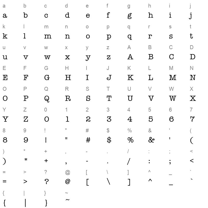 american typewriter regular Character Map