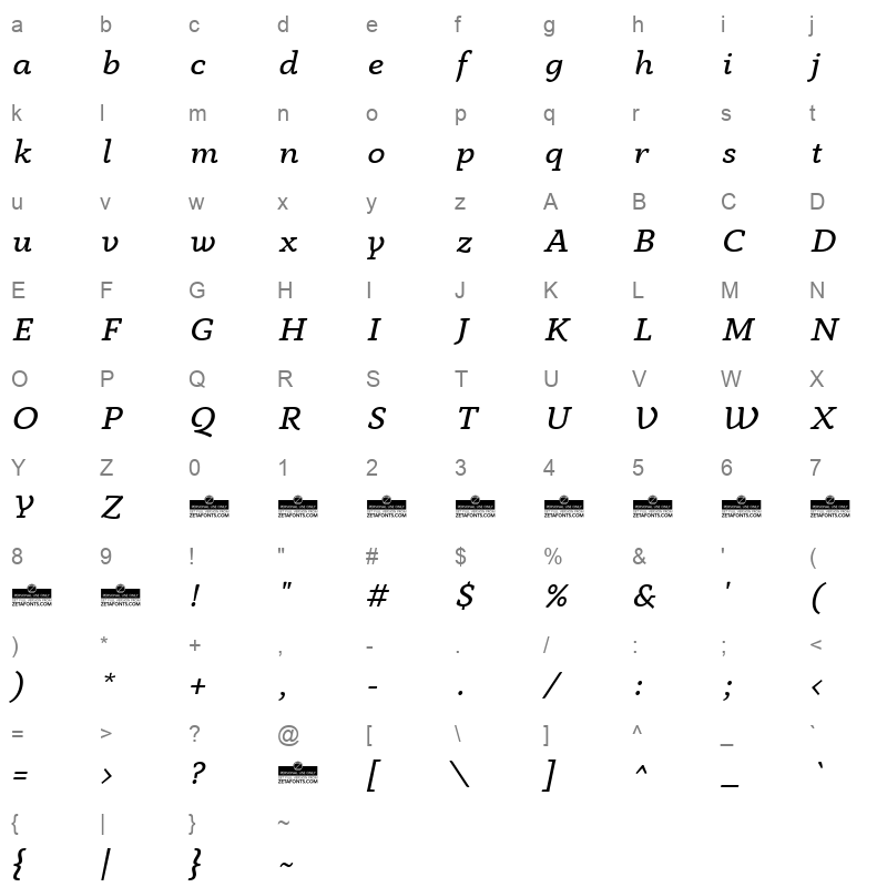 anaphora book italic Character Map