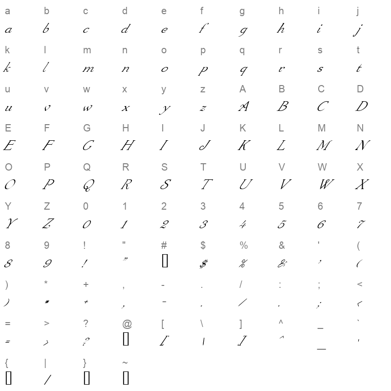 arm jolt script italics Character Map