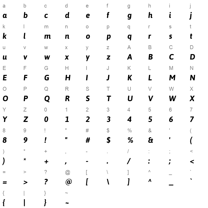 asap bolditalic Character Map