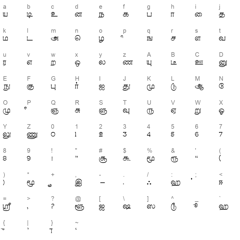 aTamilApple thin normal Character Map