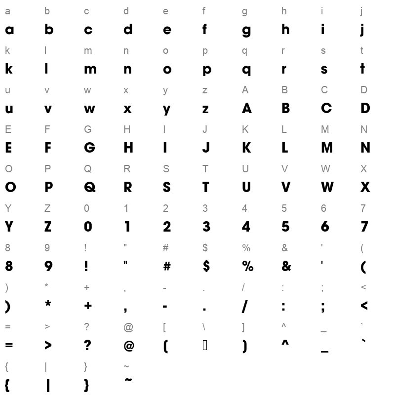 avalon medium bold Character Map