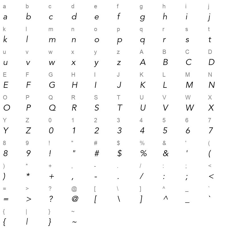 avenir 45 book oblique 83173 Character Map