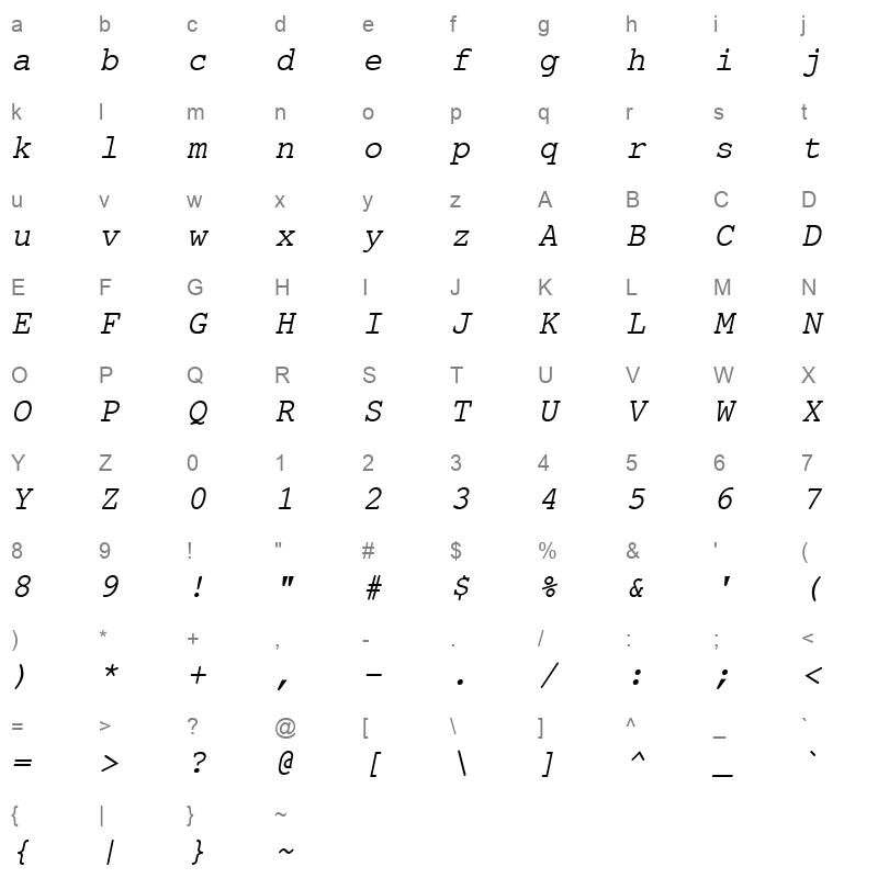 AverageMonoItalic Character Map