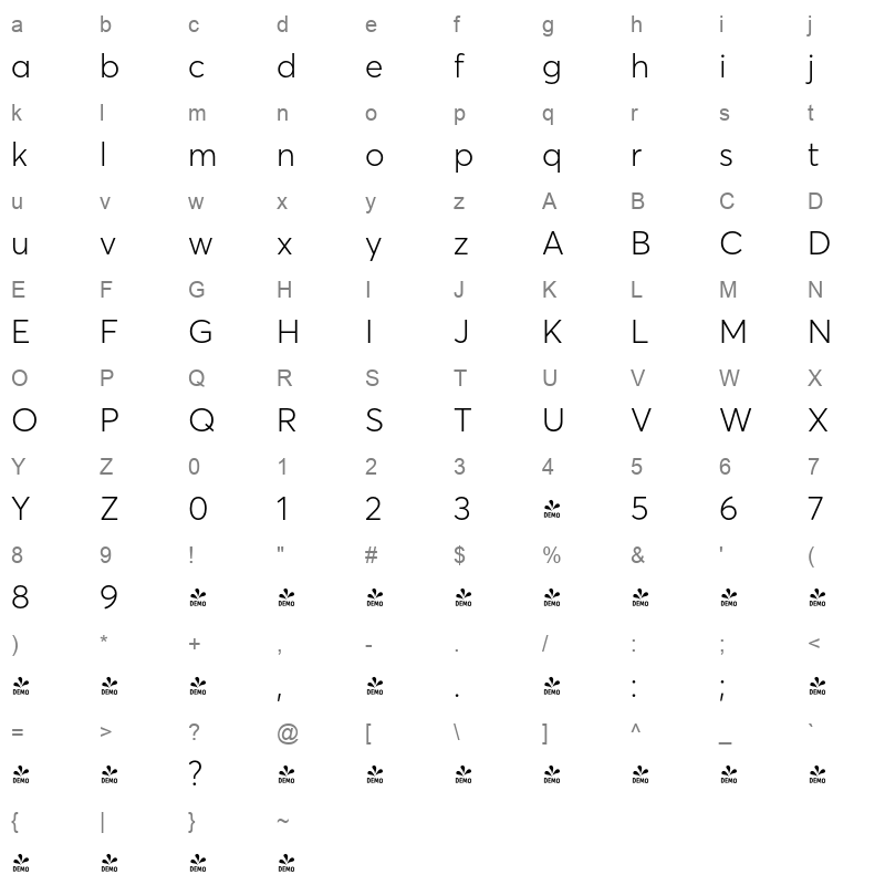 averta std cy light Character Map