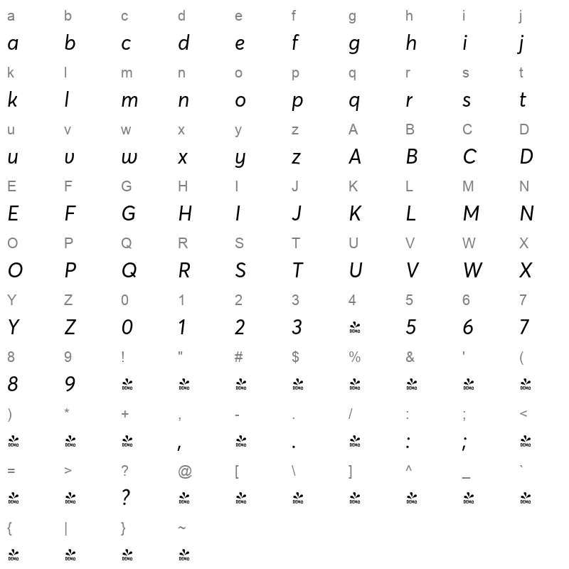 avertastdcy regular italic demo Character Map