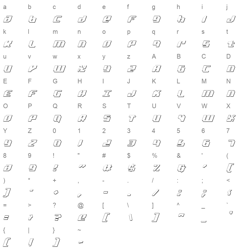 bad robot 3d italic Character Map