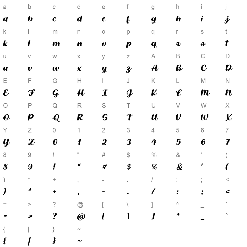 baguet script bold italic Character Map