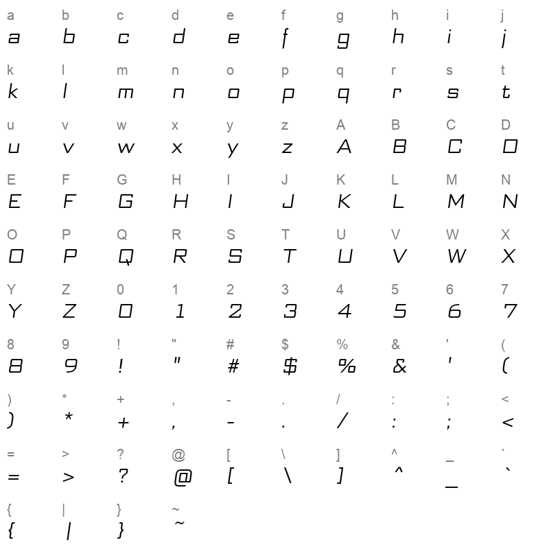 bank sans ef cy light oblique Character Map