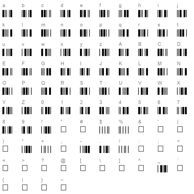 barcode c39p12dltt Character Map