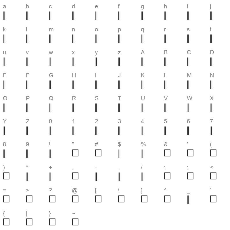 barcode c39p60dltt Character Map