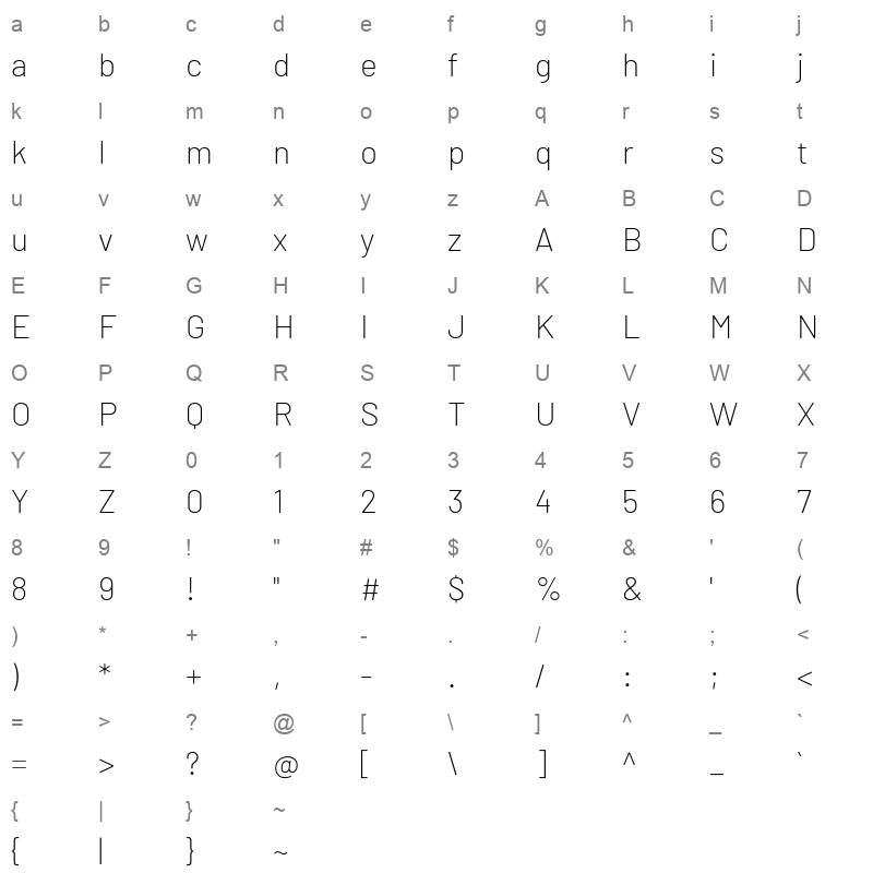 barlow extralight Character Map