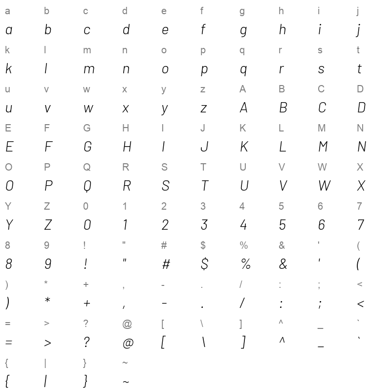barlow light italic Character Map