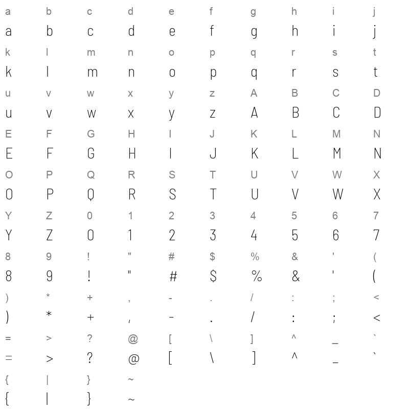barlow semi condensed extralight Character Map