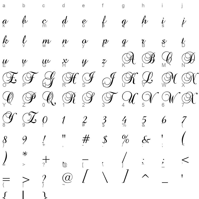 baroque script Character Map