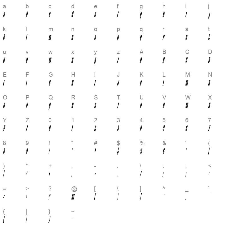 baroquesque condensed oblique Character Map