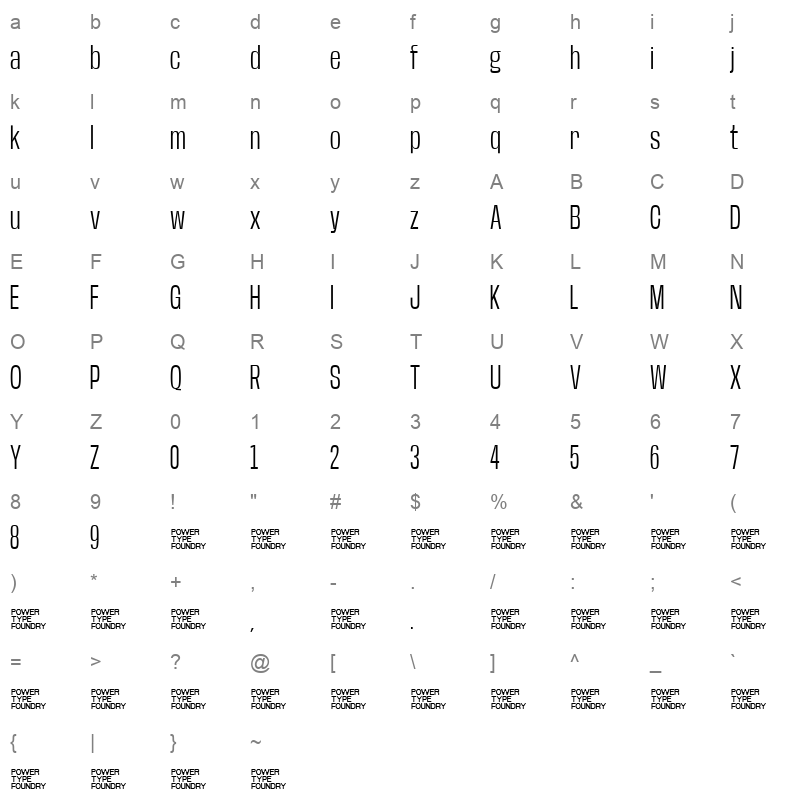 BaseNeue Condensed Light Character Map