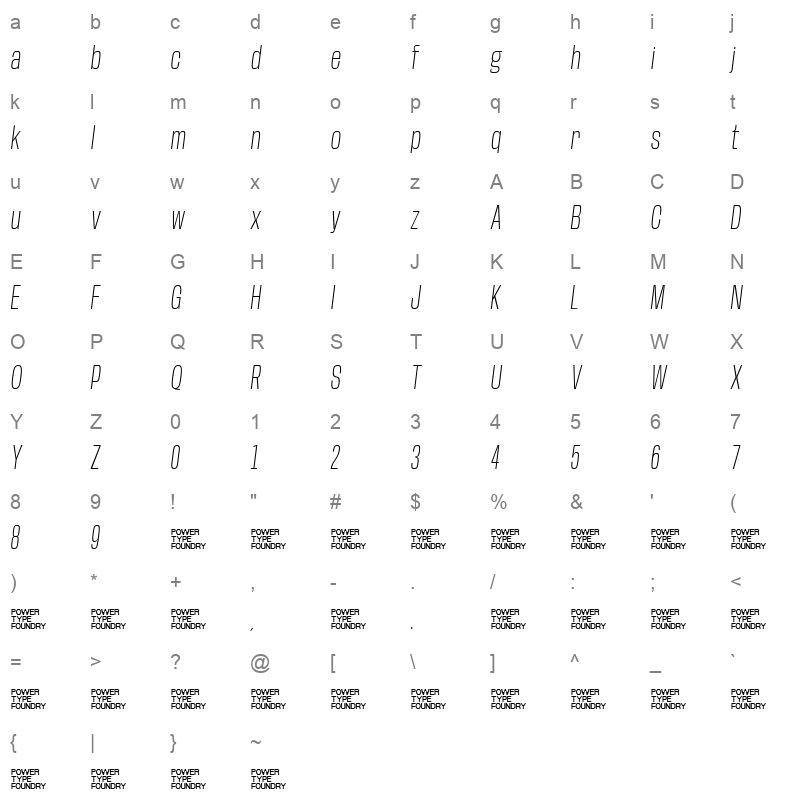 BaseNeue CondExtLtObliq Character Map