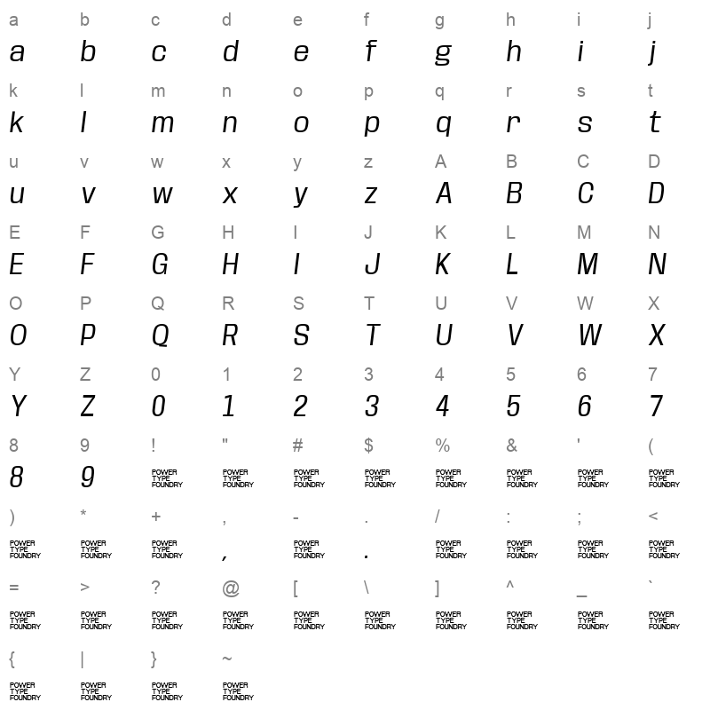 BaseNeue Regular Oblique Character Map