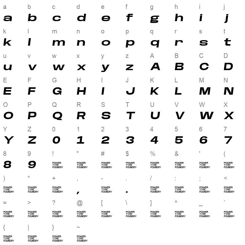 BaseNeue Super Extra Bold Obl Character Map
