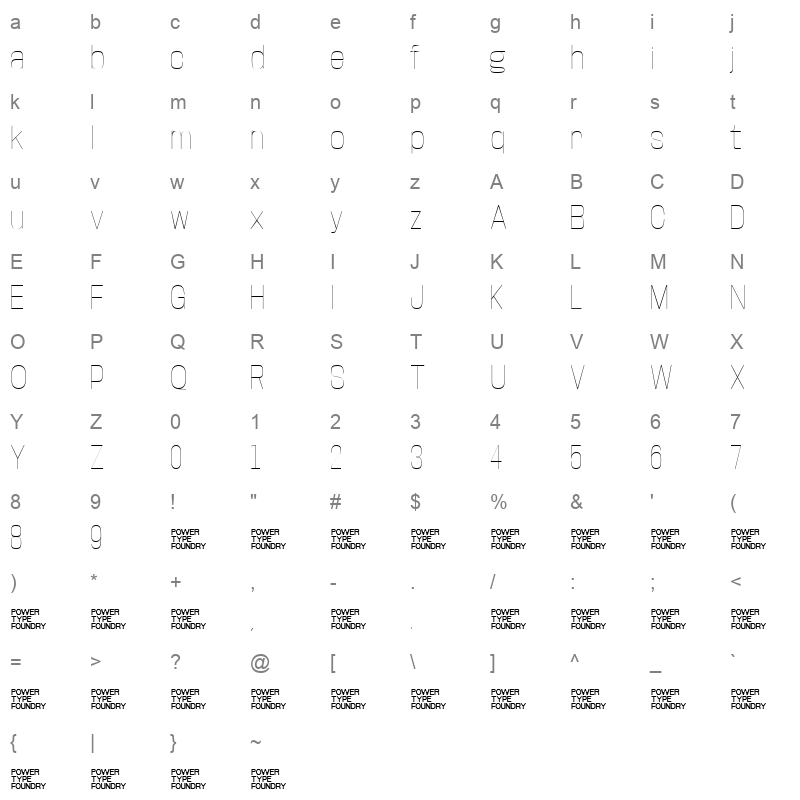 BaseNeue Thin Character Map