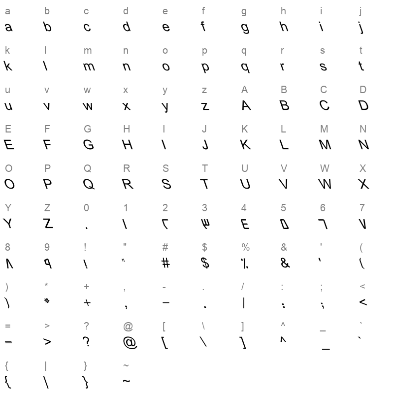 BASHA 1D Italic Plain Character Map