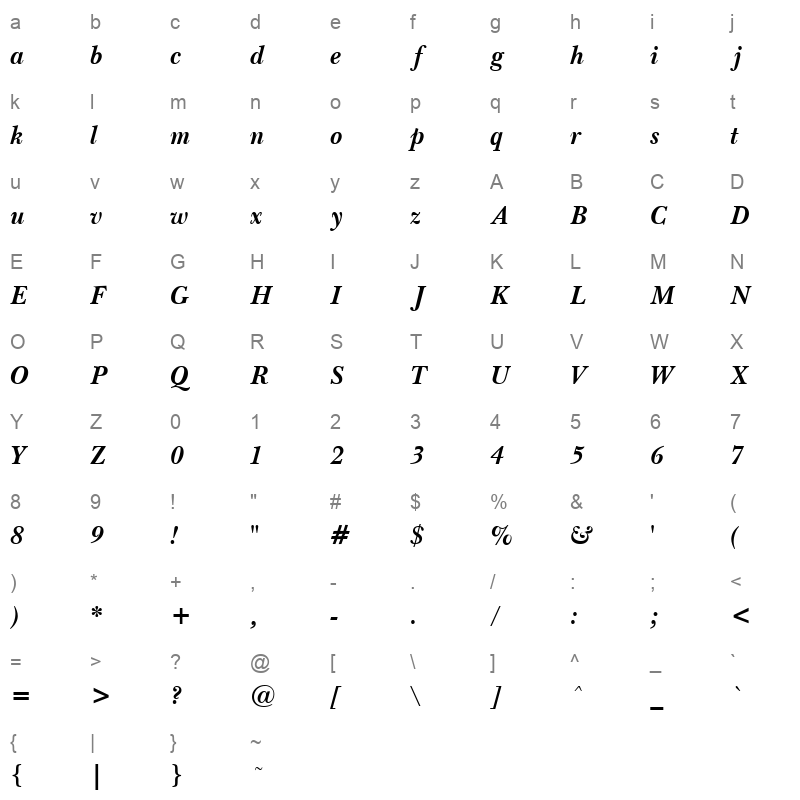 baskerville bold italic v2 Character Map
