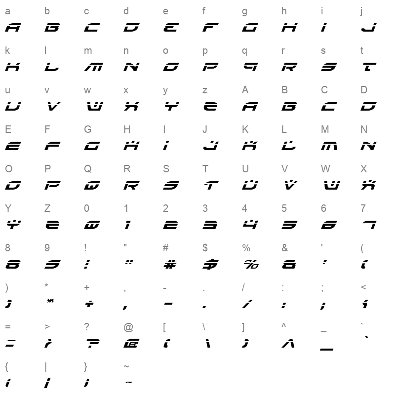 battlefield laser italic Character Map